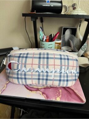 Champion quilted Plaid Zip Pouch with Red Logo Accent